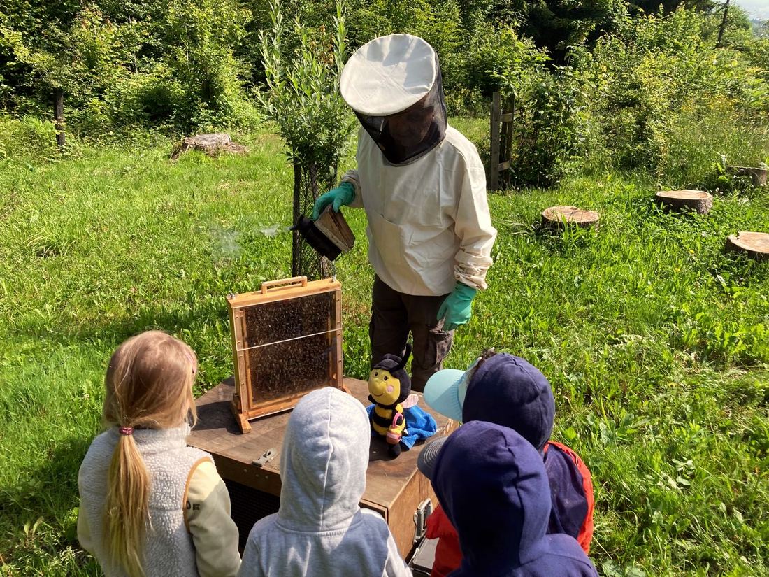 Dani Ammann im Imkeranzug zeigt Kindern einer Waldspielgruppe ein Schaukästchen mit Bienen