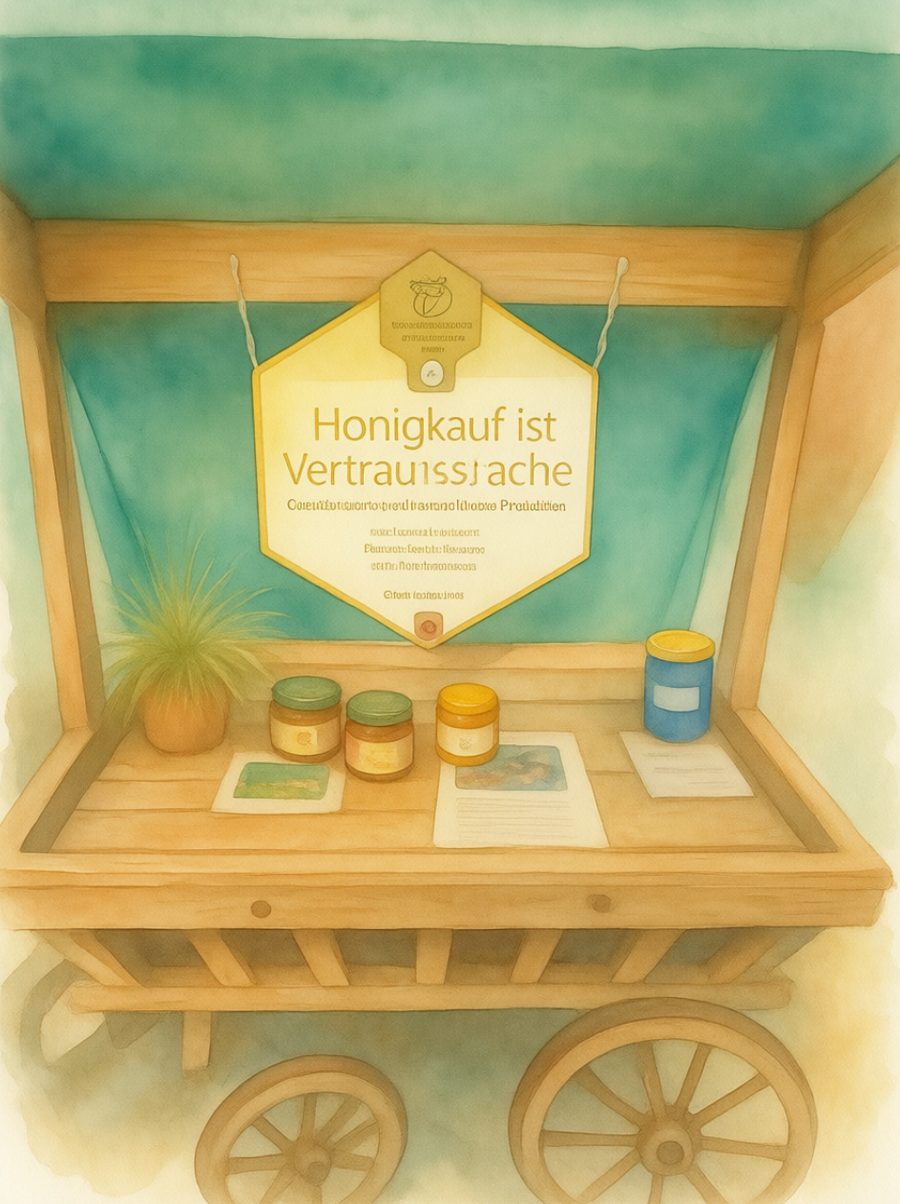 Aquarell unseres Verkaufsstands: ein Holzwagen mit Honiggläsern und dem Goldsiegel-Schild